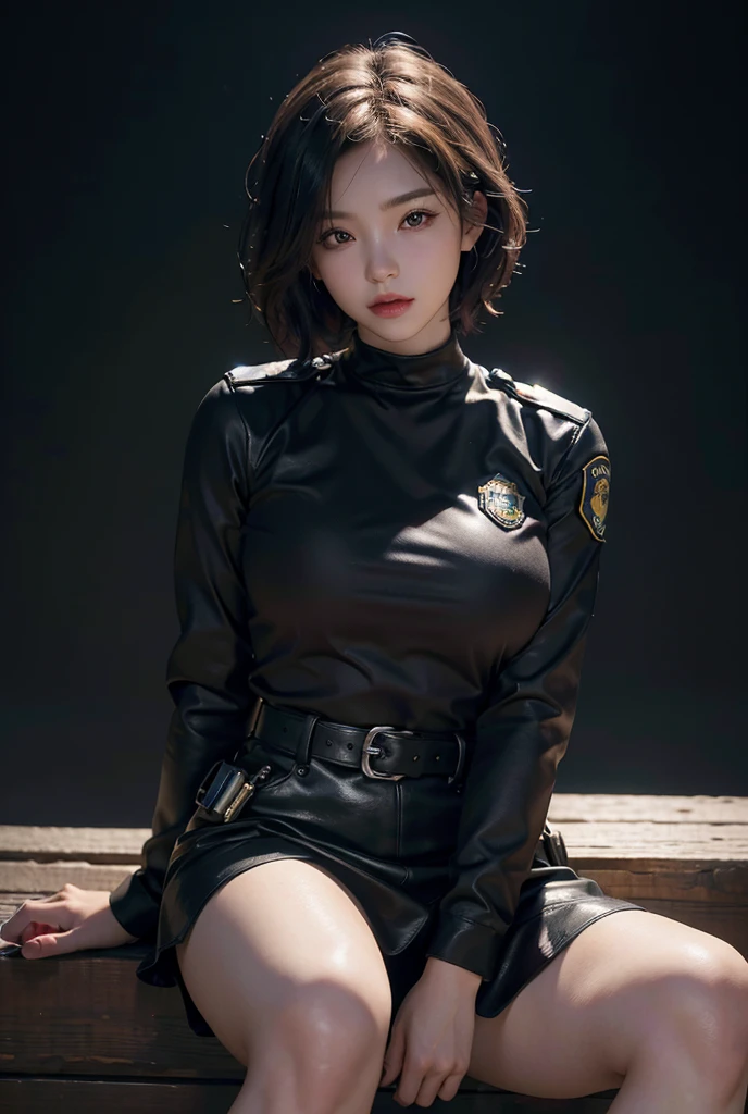 Female police officer、cute、young woman、1、Short Bob、Miniskirt Police、Sexy legs、Sitting cross-legged at the police box、(best quality,4K,8k,highres,masterpiece:1.2),ultra-detailed,(realistic,photorealistic,photo-realistic:1.37),HDR,uhd,studio lighting,ultra-fine painting,sharp focus,physically-based rendering,extreme detail description,professional,vivid colors,bokeh,cinematic lighting,dramatic shadow、High resolution, High-resolution model, Retina, Textured skin, Ultra high definition,