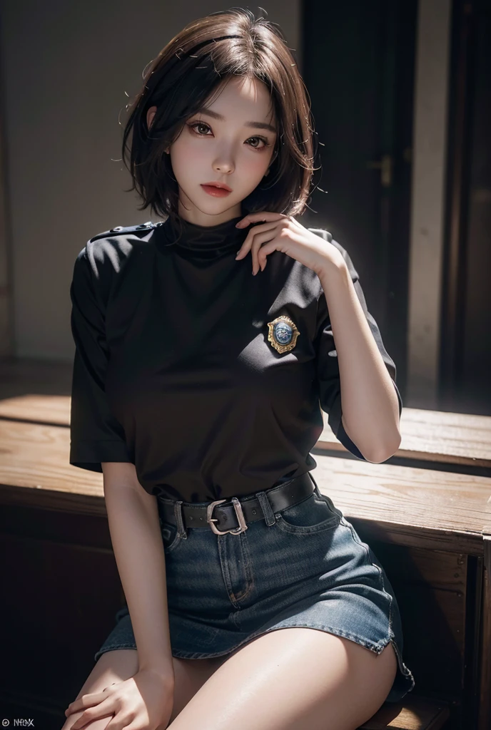 Female police officer、cute、young woman、1、Short Bob、Miniskirt Police、Sexy legs、Sitting cross-legged at the police box、(best quality,4K,8k,highres,masterpiece:1.2),ultra-detailed,(realistic,photorealistic,photo-realistic:1.37),HDR,uhd,studio lighting,ultra-fine painting,sharp focus,physically-based rendering,extreme detail description,professional,vivid colors,bokeh,cinematic lighting,dramatic shadow、High resolution, High-resolution model, Retina, Textured skin, Ultra high definition,