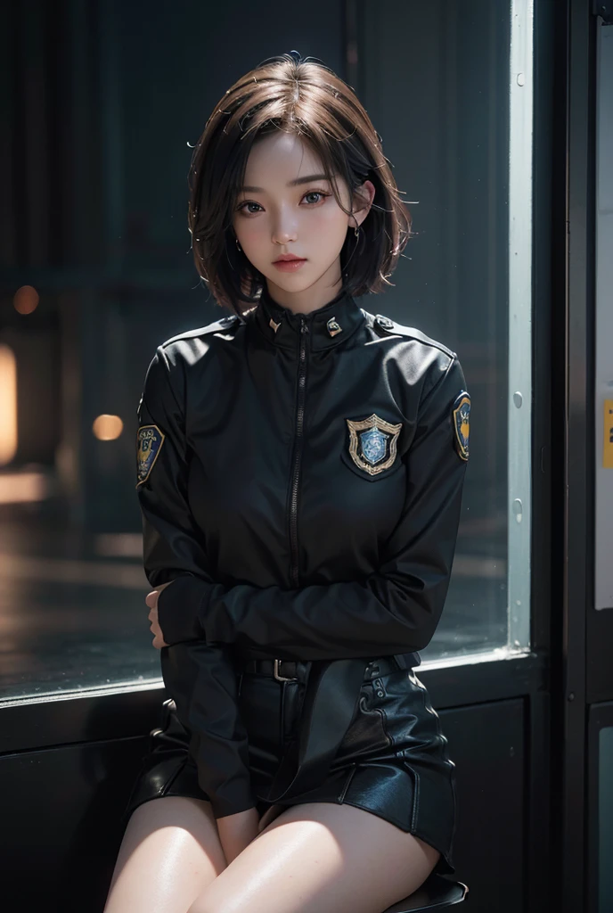 Female police officer、cute、young woman、1、Short Bob、Miniskirt Police、Sexy legs、Sitting cross-legged at the police box、(best quality,4K,8k,highres,masterpiece:1.2),ultra-detailed,(realistic,photorealistic,photo-realistic:1.37),HDR,uhd,studio lighting,ultra-fine painting,sharp focus,physically-based rendering,extreme detail description,professional,vivid colors,bokeh,cinematic lighting,dramatic shadow、High resolution, High-resolution model, Retina, Textured skin, Ultra high definition,