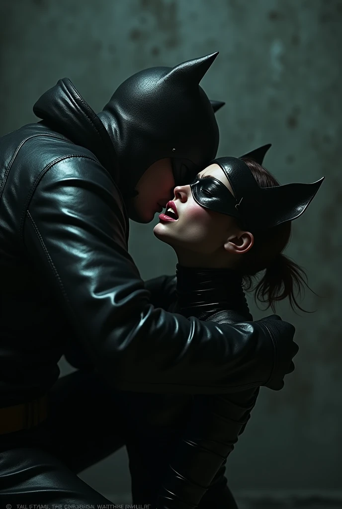 (8k, best quality, photorealistic, realisti, ​masterpiece), Catwoman, sexly, Nice, hot, horrified, gasping for air, screaming, is grabbed by the neck by a hitman, who strangles her, strangle, choke, Catwomans Hals, Niceer Hals, Catwomans Long Neck, Choking, while she sits tied up on the floor in a basement. 