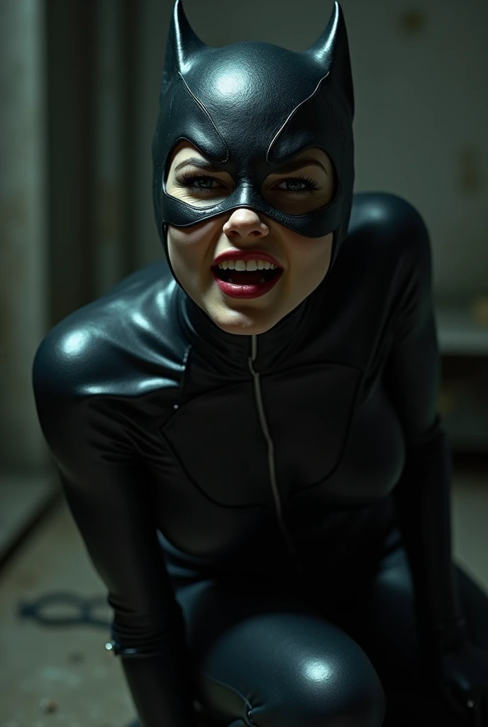 (8k, best quality, photorealistic, realisti, masterpiece), Catwoman, sexly, Nice, hot, horrified, gasping for air, screaming, is grabbed by the neck by a hitman, who strangles her, strangle, choke, Catwomans Hals, Niceer Hals, Catwomans Long Neck, Choking, while she sits tied up on the floor in a basement.