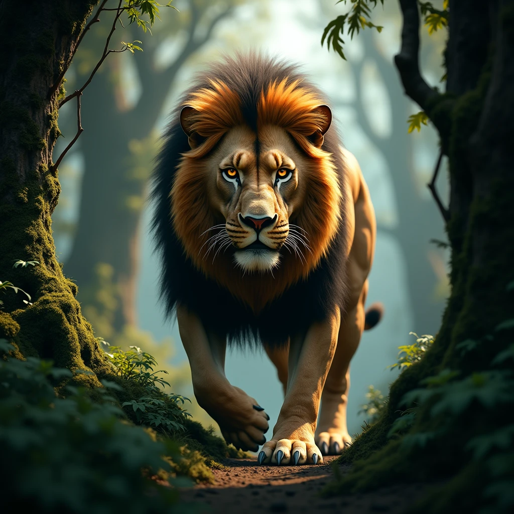 Lion agresive in a forest