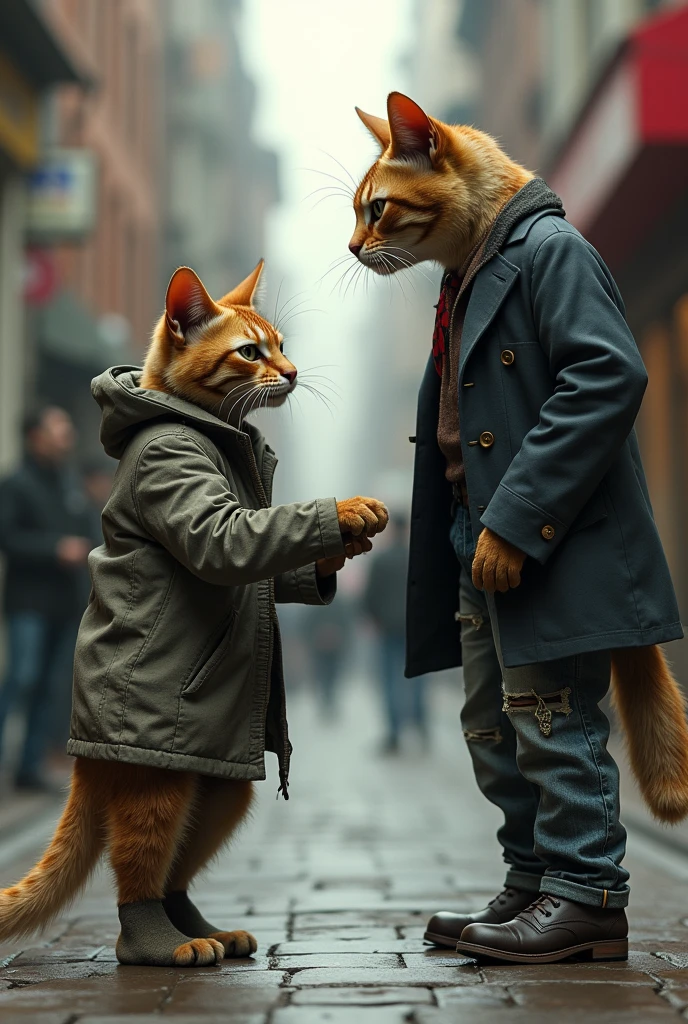 a human like cat wearing homeless human clothes who look like  human are begging for food to rich well dressed cat


