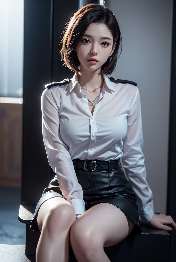 Female police officer、cute、young woman、1、Short Bob、Miniskirt Police、Sexy legs、Sitting cross-legged at the police box、(best quality,4K,8k,highres,masterpiece:1.2),ultra-detailed,(realistic,photorealistic,photo-realistic:1.37),HDR,uhd,studio lighting,ultra-fine painting,sharp focus,physically-based rendering,extreme detail description,professional,vivid colors,bokeh,cinematic lighting,dramatic shadow、High resolution, High-resolution model, Retina, Textured skin, Ultra high definition,