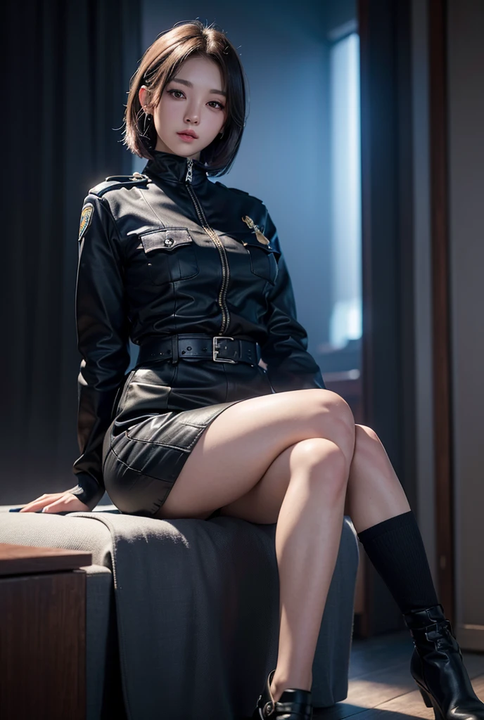 Female police officer、cute、young woman、1、Short Bob、Miniskirt Police、Sexy legs、Sitting cross-legged at the police box、(best quality,4K,8k,highres,masterpiece:1.2),ultra-detailed,(realistic,photorealistic,photo-realistic:1.37),HDR,uhd,studio lighting,ultra-fine painting,sharp focus,physically-based rendering,extreme detail description,professional,vivid colors,bokeh,cinematic lighting,dramatic shadow、High resolution, High-resolution model, Retina, Textured skin, Ultra high definition,