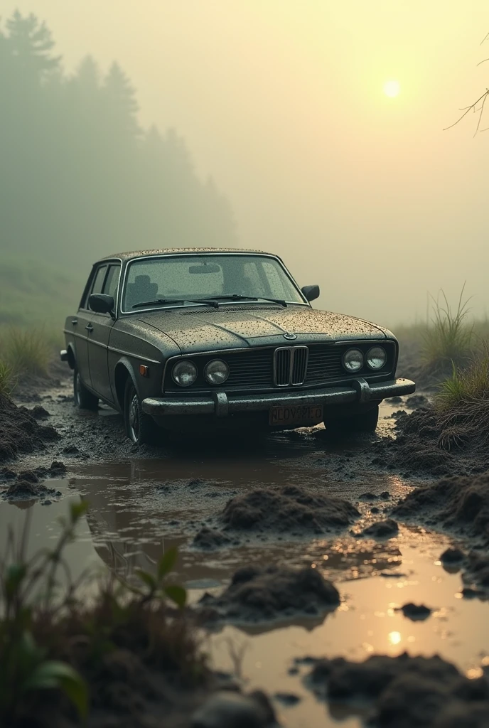 Une voiture dans la boue au petit matin