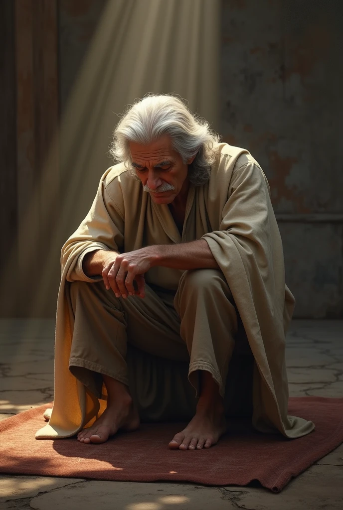 This is the astonishing testimony of David, whose faith was tested and rewarded in the most unexpected way. A 6 man kneels in prayer, his face reflecting hope and wisdom gained through years of faith. His expression is serene, with a soft, warm light illuminating his silver hair and gentle features, symbolizing divine guidance. The scene evokes a deep sense of peace and unwavering trust, portraying a man whose enduring faith has brought him to a place of unexpected reward