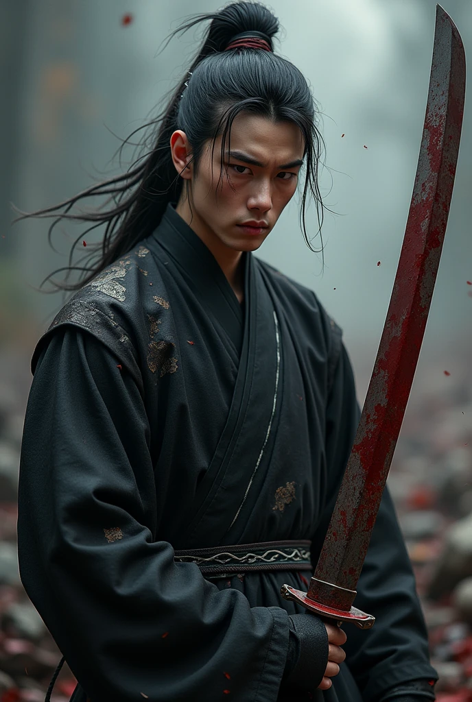 A man in his 20s, chinese black historical
costume, holding a bloody sword, covered with blood, ashes in the air, sad eyes, sharp jawline, tear drop, chinese idol face, xianxia