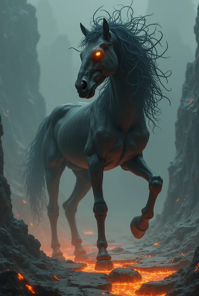 Centaur of the Underworld: A dark, skeletal centaur emerging from the shadows of a haunted landscape, with fiery eyes and a mane made of writhing shadows. The ground is cracked and glowing with molten lava, and the air is thick with the smell of sulfur.