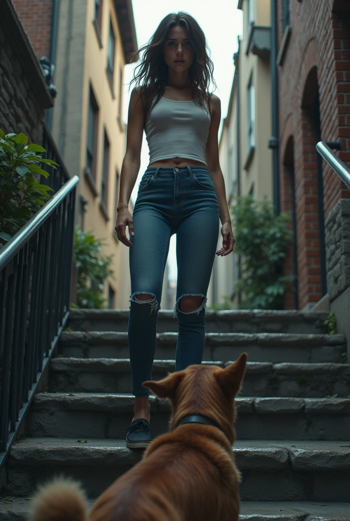 A young woman named Aline stands on a stone staircase, visibly terrified. She is wearing jeans with a visible  stain.. Aline had wet her pants. Her face shows intense fear as she backs away from a threatening dog at the foot of the stairs.. The staircase is located in an outdoor urban environment, increasing the tense dinner atmosphere.