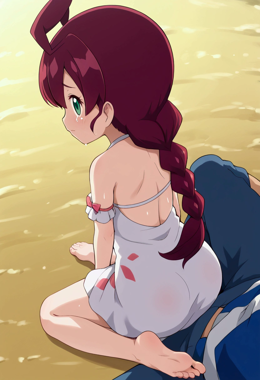 A girl with hair sitting on a wooden bench on a beach and a boy crying from the ground on the other side..A photo with the name HIRU on the girl's dress and ADHI on the boy's armband.barefoot,foot focus