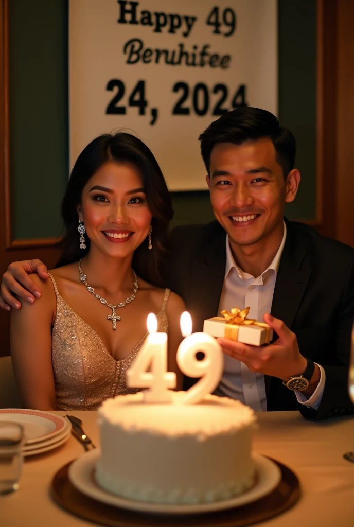 dinner celebrating the 49th birthday of an Indonesian woman and a man, In front of them was a birthday cake with the word 49 written on it with the number 49 candles.. They are both dressed in luxury. The woman wears a diamond necklace with a cross on the end.. The man holds a birthday present to be given to the woman.. Photo realistic image quality. uhd image. On the back there is a banner that says September 24, 2024. Pose facing the camera