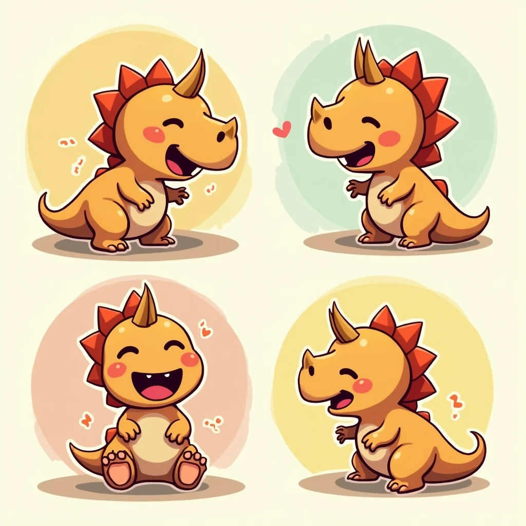 Chibi Style, Four-panel comic strip, dot halftone, Flat Color, Laughing Triceratops,Laughing with your stomach in the air,color々How to laugh,Triceratops is a baby,There are three corners