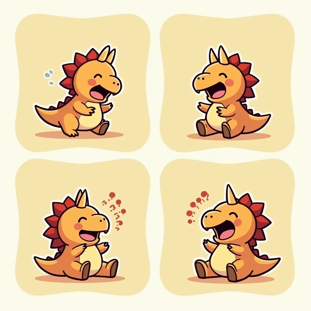 Chibi Style, Four-panel comic strip, dot halftone, Flat Color, Laughing Triceratops,Laughing with your stomach in the air,color々How to laugh,Triceratops is a baby,There are three corners
