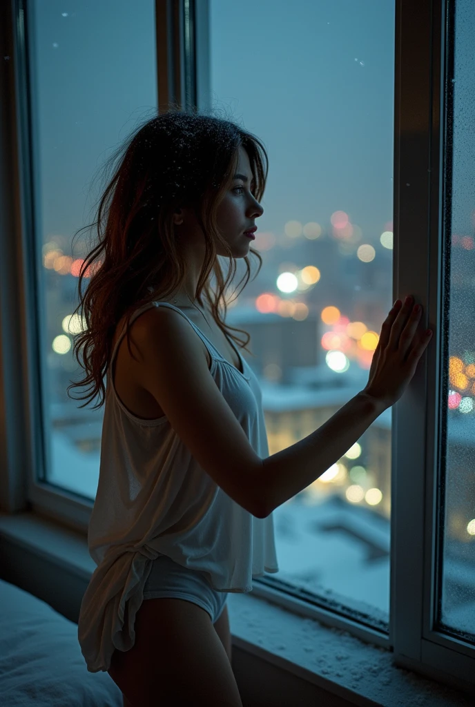 medium close-up candid photograph of a woman standing by a large snow window looking out over a bustling city at night, bedroom, wearing a loose tank top and panties, hand up against the window, messy brunette hair with auburn highlights, dark, shadows, extremely intricate details, masterpiece, enhanced contrast, highly detailed skin