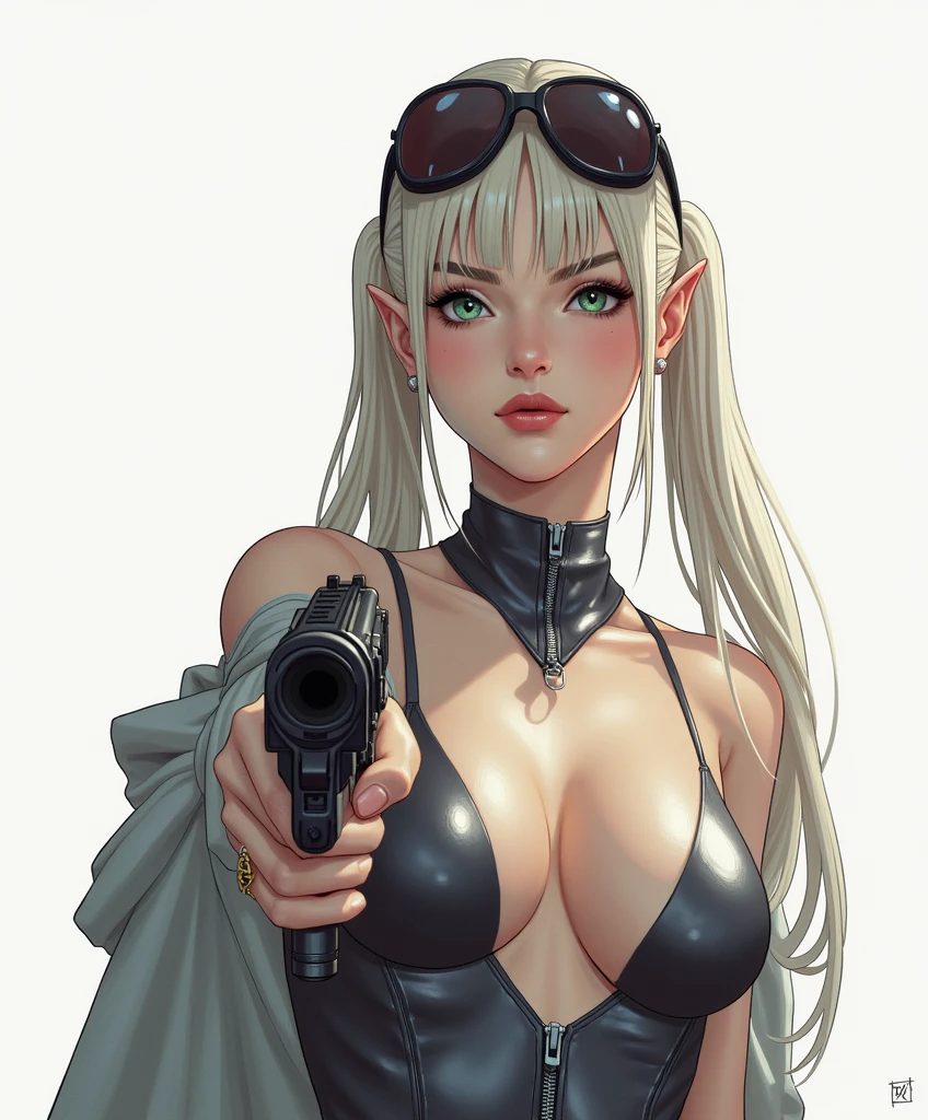 fullbody, sexy hips, sexy fit body, high-key and low-variance brightness scale,soft light,realistic light and shadow,light and dark interlaced,(aiming at viewer:1.4),looking at viewer,dramatic angle,(solo:1.6), (masterpiece),(best quality),(highres),(by famous artist),(((official art))),(by Paul Hedley),(illustration), 1girl,(frieren),(elf),agent female, (small breasts:1.3),(cameltoe),(whole body),(round face),(pointy ears),(slim legs),(skinny body),(detailed beautiful face),lustrous skin,shiny skin,(articulated fingers),navel,stomach (black latex bodysuit:1.4),(zipper,center opening, unzipped,cleavage:1.3),long sleeves,gloves,leather pants,leather boots, indoor,(cyberpunk city,kowloon,rain),(against the wall), ((expressionless)),blush,((standing)),handgun,(holding pistol :1.4),hand on hip, (green eyes:1.3), (white hair),long hair,twintails,parted bangs,(reflective hair),