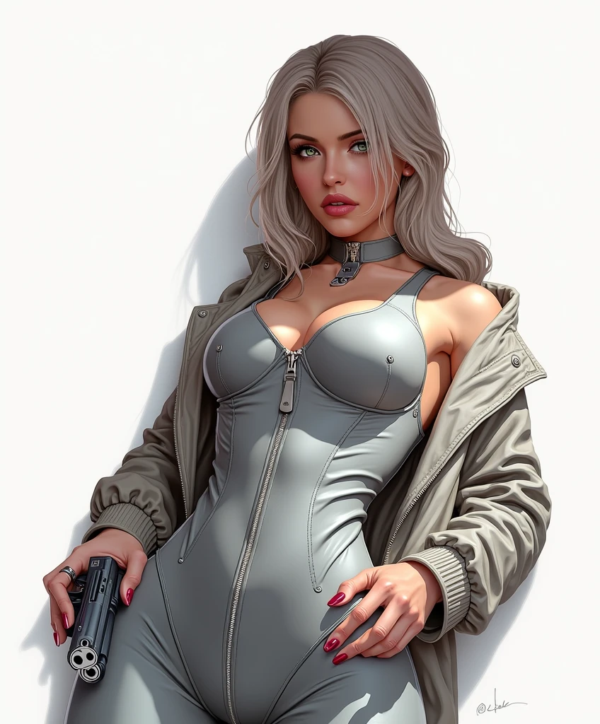 fullbody, sexy hips, sexy fit body, high-key and low-variance brightness scale,soft light,realistic light and shadow,light and dark interlaced,(aiming at viewer:1.4),looking at viewer,dramatic angle,(solo:1.6), (masterpiece),(best quality),(highres),(by famous artist),(((official art))),(by Paul Hedley),(illustration), 1girl,(frieren),(elf),agent female, (small breasts:1.3),(cameltoe),(whole body),(round face),(pointy ears),(slim legs),(skinny body),(detailed beautiful face),lustrous skin,shiny skin,(articulated fingers),navel,stomach (black latex bodysuit:1.4),(zipper,center opening, unzipped,cleavage:1.3),long sleeves,gloves,leather pants,leather boots, indoor,(cyberpunk city,kowloon,rain),(against the wall), ((expressionless)),blush,((standing)),handgun,(holding pistol :1.4),hand on hip, (green eyes:1.3), (white hair),long hair,twintails,parted bangs,(reflective hair),