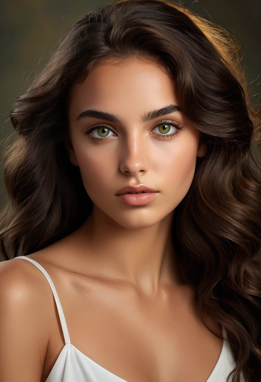 full body portrait of a captivating young woman with a warm, bronzed complexion. She has intense olive-green eyes, framed by thick, arched eyebrows that enhance her deep gaze. Her long, dark, and wavy hair falls naturally and slightly tousled around her angel face and shoulders. Her full, naturally toned lips are slightly parted, adding to her serene yet enigmatic expression. The nose is straight and well-proportioned, complementing her delicate facial features. The overall mood of the portrait should evoke natural beauty and a sense of calm with a hint of mystery