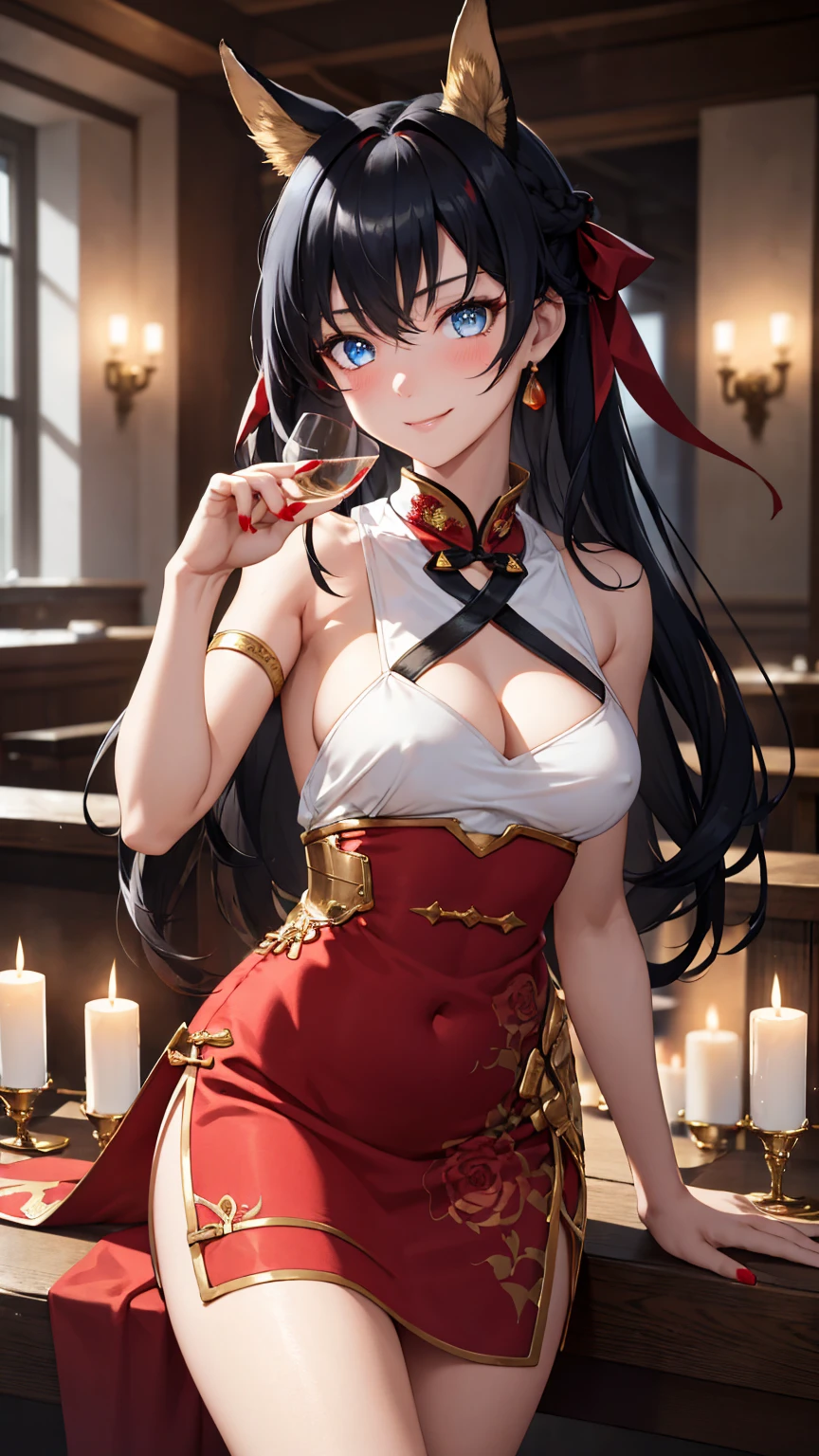 masterpiece, Best quality, 1 girl, One, Blaze (Arknights), Restaurant, Intimate atmosphere, Dim lighting, candles, roses, Looking at the viewer, medium chest, (long hair, black hair, animal ears, blue eyes, red hair ribbon), (black, red, gold qipao), blushing, beautiful smile, wink, very detailed skin, (detailed face), expressive eyes, beautiful hands, red nails, holding a glass of champagne