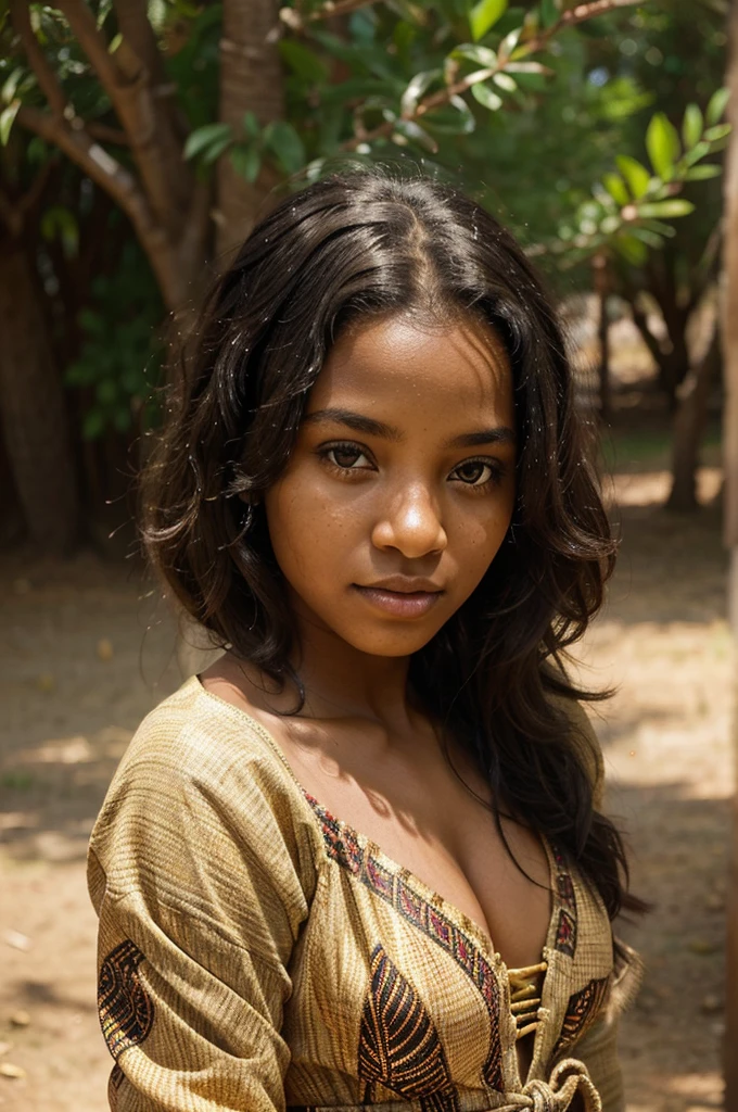 
"Create an image of a young African girl with a light brown complexion. She has curly black hair, styled naturally, and she is wearing a colorful traditional African dress. The background is a warm, natural setting, perhaps a sunny day with soft, golden light filtering through the trees. Her expression is serene and thoughtful, capturing the beauty and grace of her heritage. The focus is on her face, highlighting her smooth skin, bright eyes, and natural features."

