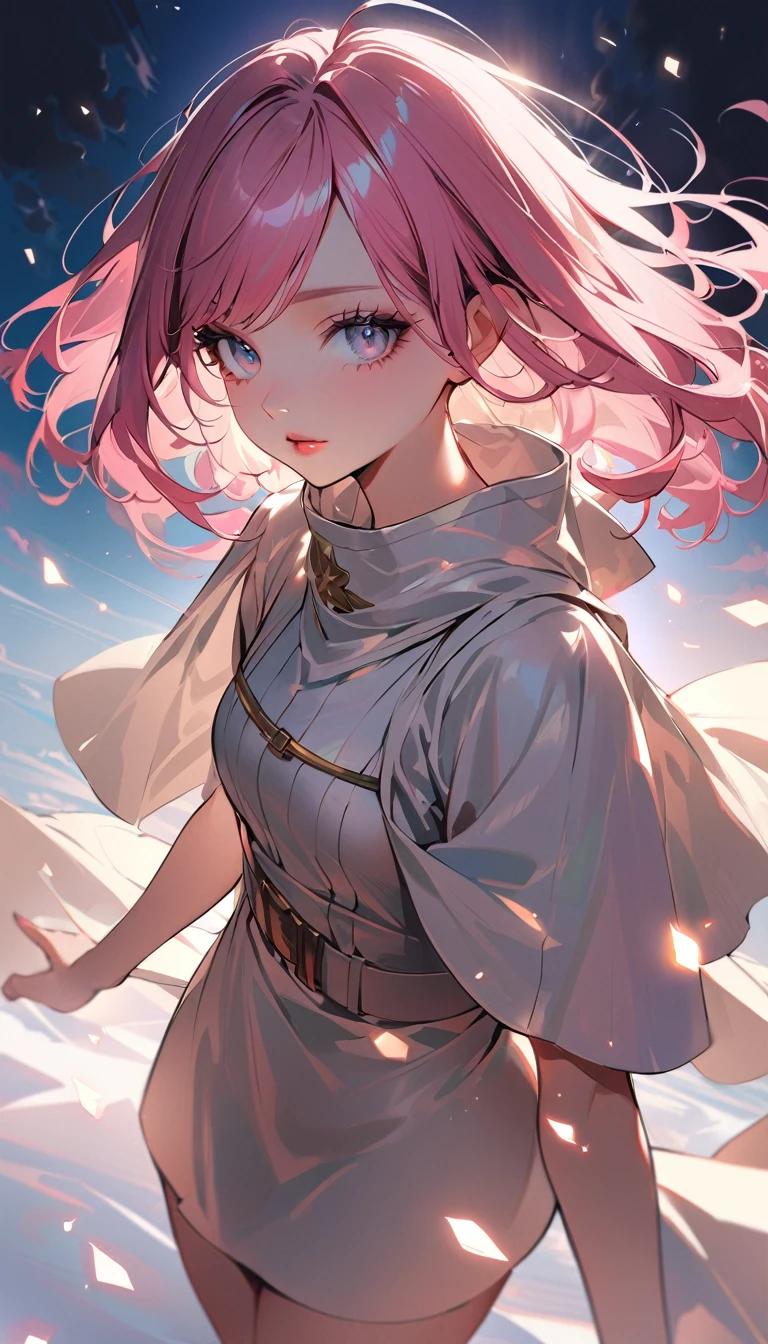 1woman, solo, pink hair, gray eyes, detailed eyes, eyelashes, light lips, 25years old, soldier, be covered in light, mysterious, (cowboy shot:1.3), from above