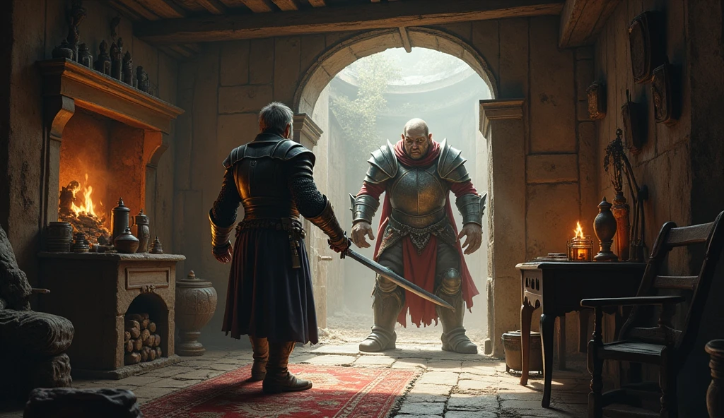 Inside a modest home, the Human Knight (our protagonist) is with his wife, a powerful Witch. The door bursts open as an Orc captain barges in. The Knight grabs his sword, but the Orcs overpower him. The Witch tries to cast a spell but is captured.
