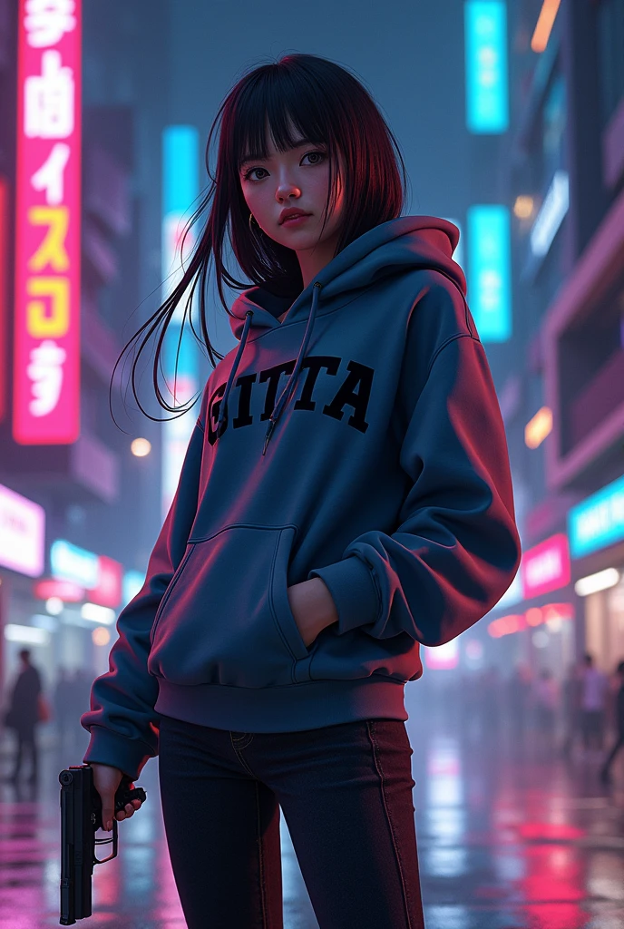 Create a character anime, {background: capital text “GLBK”, night city}, tanned skin,
realistic, HDR, beautiful, japan style, full body, use piastol, age 20, hoodie HD text: “GITTA”, female, long hair