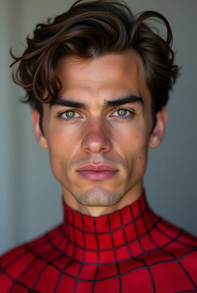A photograph of spider man, no mask, 20 yo, handsome, detailed face, looking at camera, portrait, 8k uhd, high quality