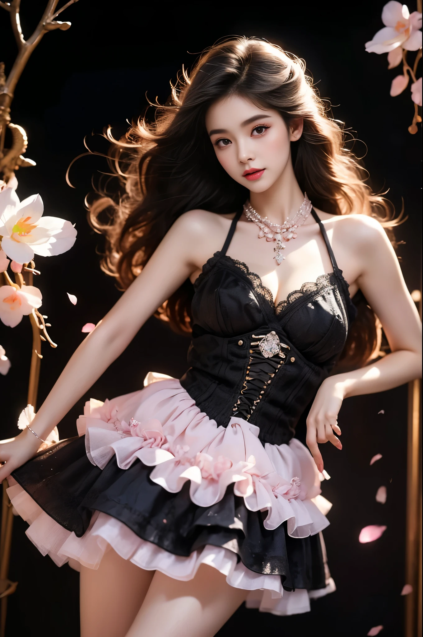 black_little_dress(quality improvement:1.4),1girl, Full breasts,Visible cleavage,Sexy long legs,The skirt is short,She gently lifted her skirt with one hand,Surrounded by white Phalaenopsis orchids,Lilac dendrobium、White Lily, Flying petals,(Top quality leather), Delicate face,Black Hair, Gradient hair, Body,(Body1.1), He has a precious gem on his forehead., Shining Student,Long eyelashes,Smile, Surrealism, Movie Lighting, Projection Insertion, Surrealism, Ultra HD, masterpiece,lie,Keep dreaming,Open your legs slightly.,Tattoo,Fantasy Space,Luxurious space,Exquisite makeup,Blush,Shy expression