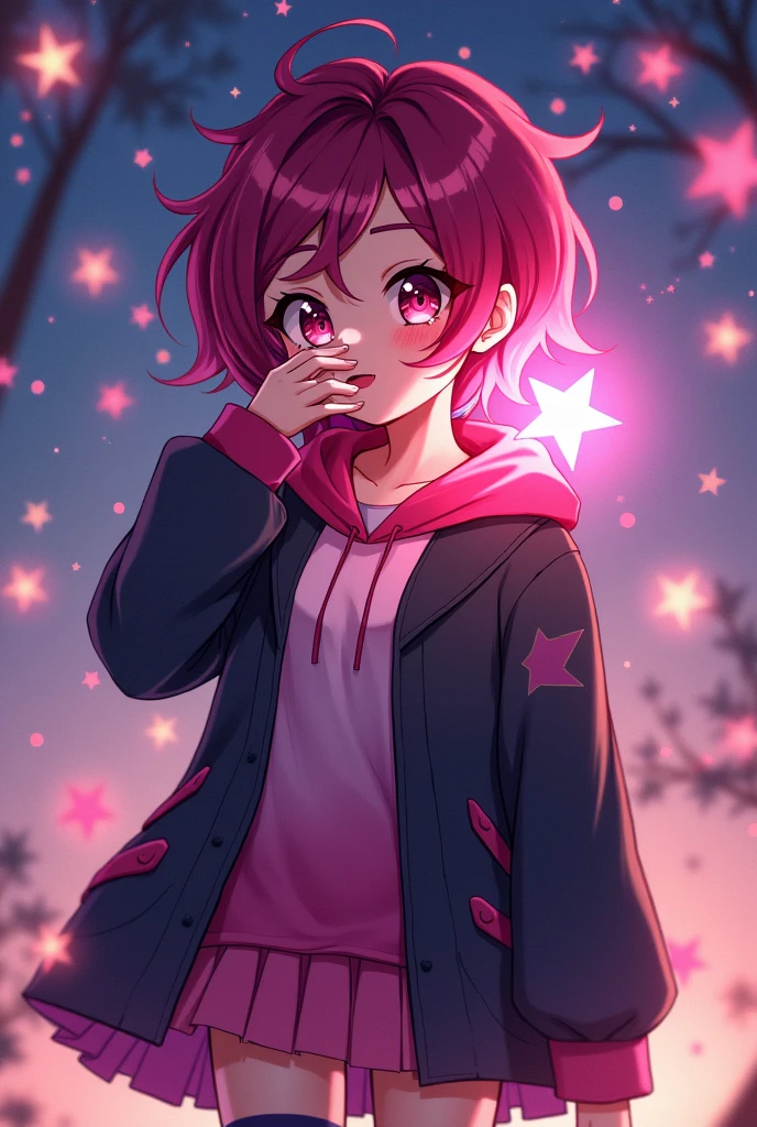 Beautiful girl. Star Darlings Scarlet. She blushes and cries being in love with cute Wisher girl like you covering her face with her glowing with stars magic hand. High school teenager. Scarlet has short magenta hair with streaks of black in it and fuchsia eyes. She wears clothing consisting of black and pink with a sassy and noticeable style; a magenta hoodie with a white shirt underneath and a  dark jacket on top, a cerise and dark magenta ruffled tutu secured with a sparkly belt and pink and black striped socks. Like all Starlings, her skin is slightly sparkly and bears a light complexion. Her Wish Pendant is a row of star-shaped buckles on each of her boots, which do more than secure them to her feet. They also alert her that she's close to her Wisher! From her classmates' point of view, Scarlet seems to be in a completely different orbit, which is just fine with her. She's confident, strong, and independent. Scarlet has an interest in music. She is passionate about it, making her the perfect drummer for the Star Darlings Band! She is also an enchanting Starling, as she's brave, intense and curious. Of course, Scarlet knows she needs to work on opening up to the other girls, but she's been a loner her whole life. She's not a warm, fuzzy, touchy-feely kind of girl. Because of this, Scarlet often alienates others by keeping to herself and being secretive. She is also stubborn, arrogant and jealous at Times. Starlings are a species of humanoid beings who inhabit the planet of Starland, being the dominant species and providing energy to power their civilization. Starlings are largely indistinguishable from humans, or Wishlings, possessing a range of skin tones from pale to darker skin, body types, as well as various eye and hair colors. Beautiful girl. She blushes and cries being in love with cute Wisher girl like you covering her face with her glowing with stars magic hand. 