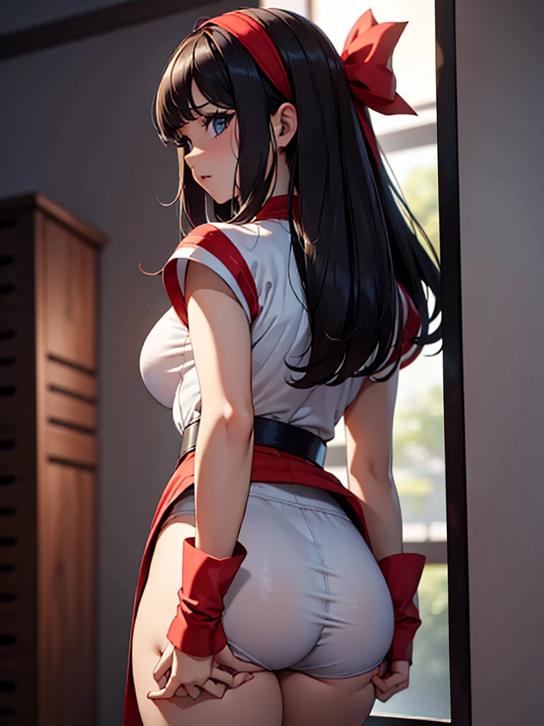 (masterpiece、top-quality、hight resolution、Unity 8k、extremely details CG:1,Best Picture), ((red ribbon,hair band)), "A porn star leaning forward, captured from the back view, with her body slightly bent at the waist. Her hair flows down her back, and she is wearing a tight outfit that highlights her curves. The focus is on her lower back and hips, emphasizing the seductive posture from behind.", Rugged underwear,