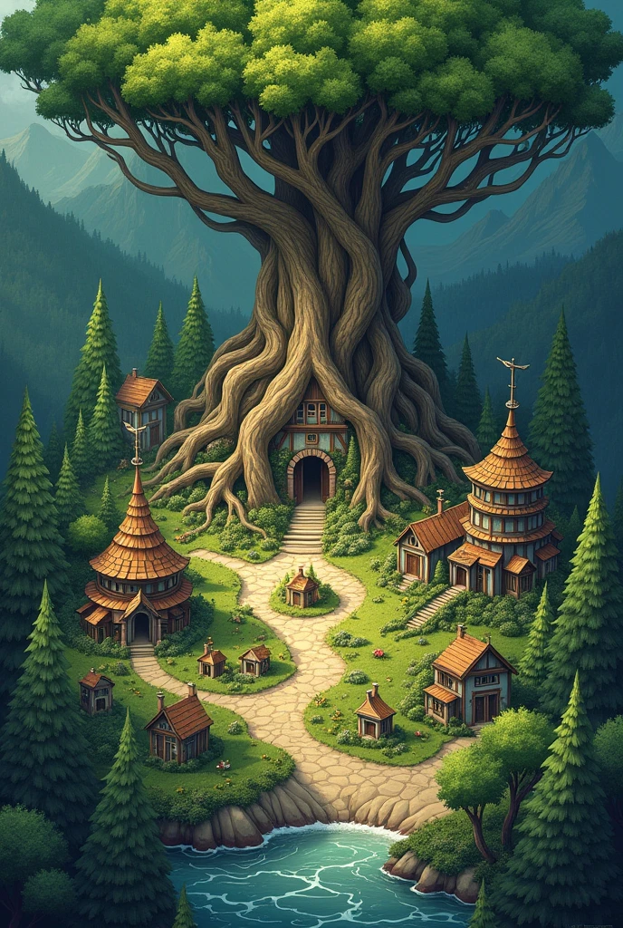 Map of the village in the Elf Forest , You must mark the place where the arms and supplies market is located., (A giant ancient tree towers over a small village.), Leaves and roots spread outward, Surreal and fantastic environment ,In a fantasy world , And in the medieval world, there must have been more houses.