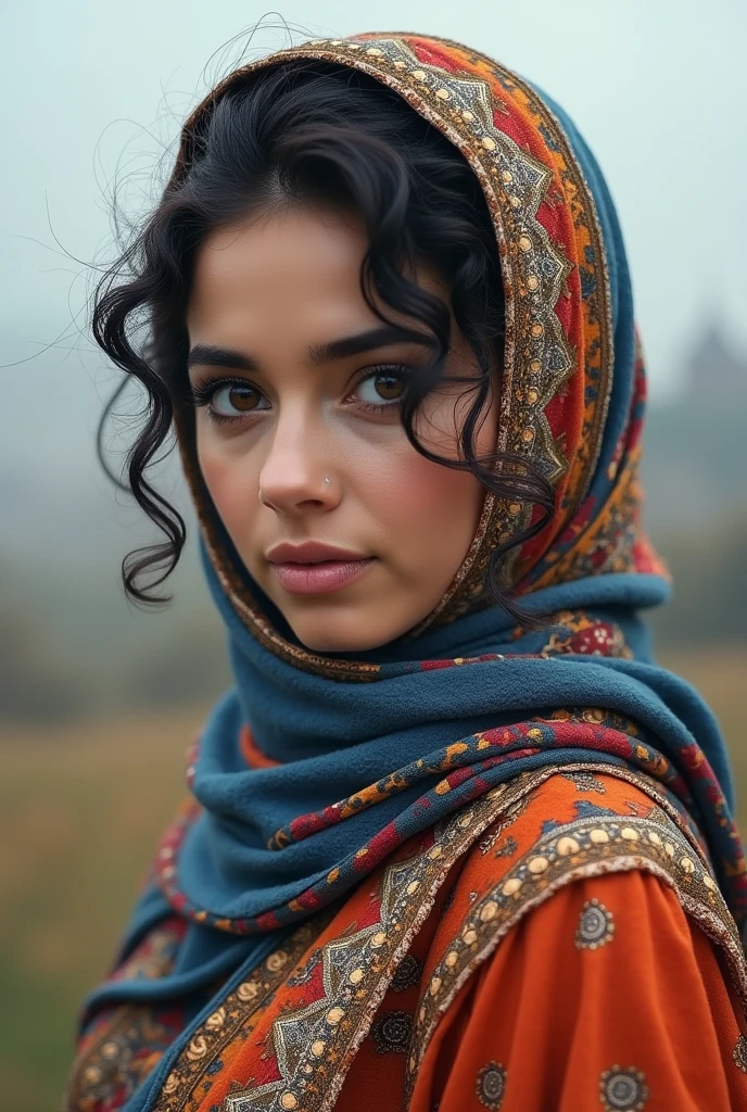 ((Half Body woman))perfect eyes, fantastic face, MiddleEastern, beautiful look, ((light lips, bright eyes, curve heir 1.5)), (((beautiful details very huge breast ))), (Straight round and ultra huge clevage breast), A glorious gorgeous, glorious gorgeous face, pretty face, bright eyes, (detailed different Colourful elegant Hijab with Designs with Voile, Textile with sleeves In Multi Colors), updo elegant hair, blurred gray tones background, ultra focus, face ilumined, face detailed, 8k resolution, painted, dry brush, brush strokes, razumov style and garmash style, by Tokaito, (fluorescent colours:1.4),(semi transparent:1.4),(retro filters:1.4),(fanciful:1.4), Soft Fluffy Soft Landscape Light Soft Whimsical Light Egeskov Castle Background Ultra Realistic Ultra High Quality Cinematic Lighting Huge Details Full HD Painting Plenty of light,diagonal bangs, Hijab With Hijab Headwear in Colors ,side masterpiece, best qualityer, realskin,(sportrait:1.5), 1girll, bluntbangs, (long wavy hair), (((Egeskov Castle Background Behind her))), ((((Sexy Chubby Body Shape With Wide Sexy Hips)))), (((Half Body Portrait Photo))) (((Sexy Pose))), (((Huge And Butt)))