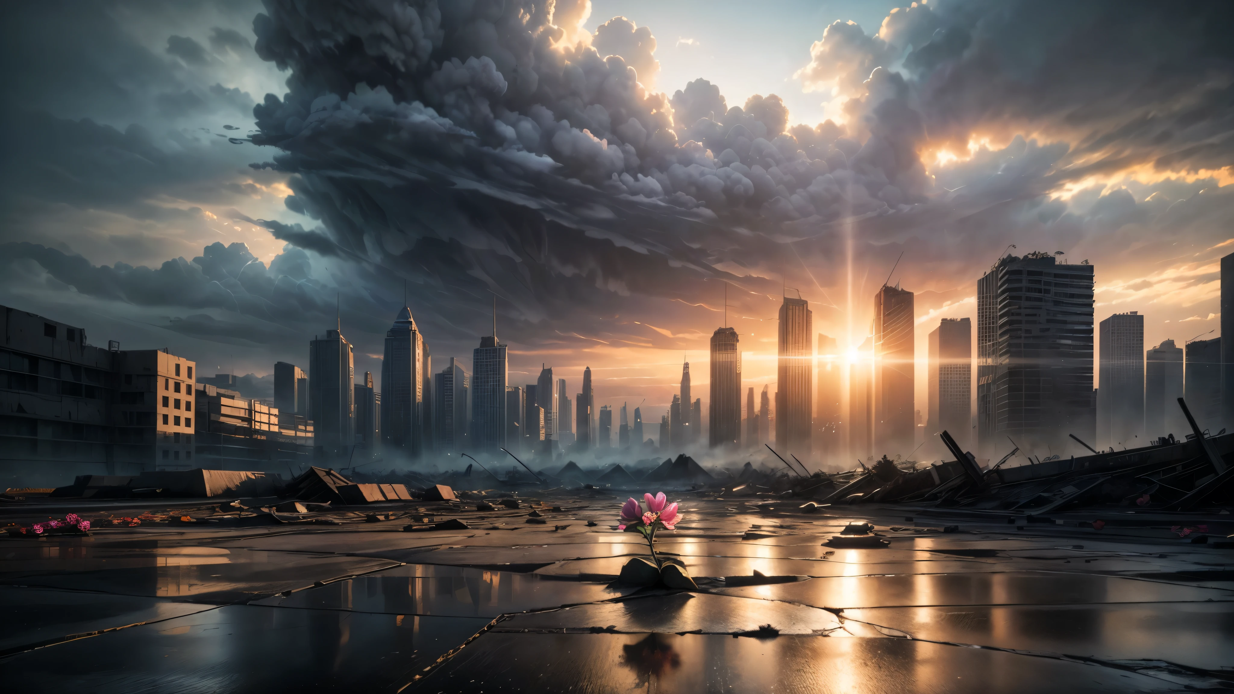 a dystopian destroyed city background, a single flower breaks through the hard concrete floor and sees the light of day, masterpiece, best quality, ultra detailed, high resolution, (sharp focus on the single flower:1.5), clouds in the sky through which the sun's rays shine on the ground, realistic style, rain