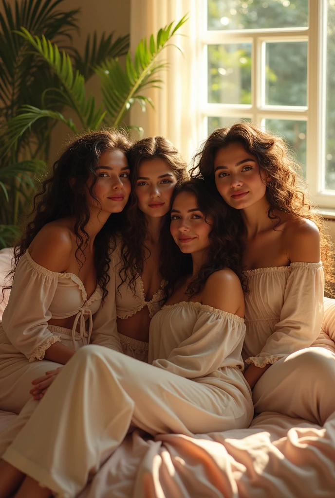 (photorealism:1.2), 4 beautiful ladies, sitting on bed, wearing loose off-shoulder top, pajama pants, long curly hair, indoors, soft lighting, plants in background, window with sunlight, cozy room, relaxed pose, realistic, intricate details, warm colors, by Greg Rutkowski, by Alphonse Mucha school uniform , scary background, animation