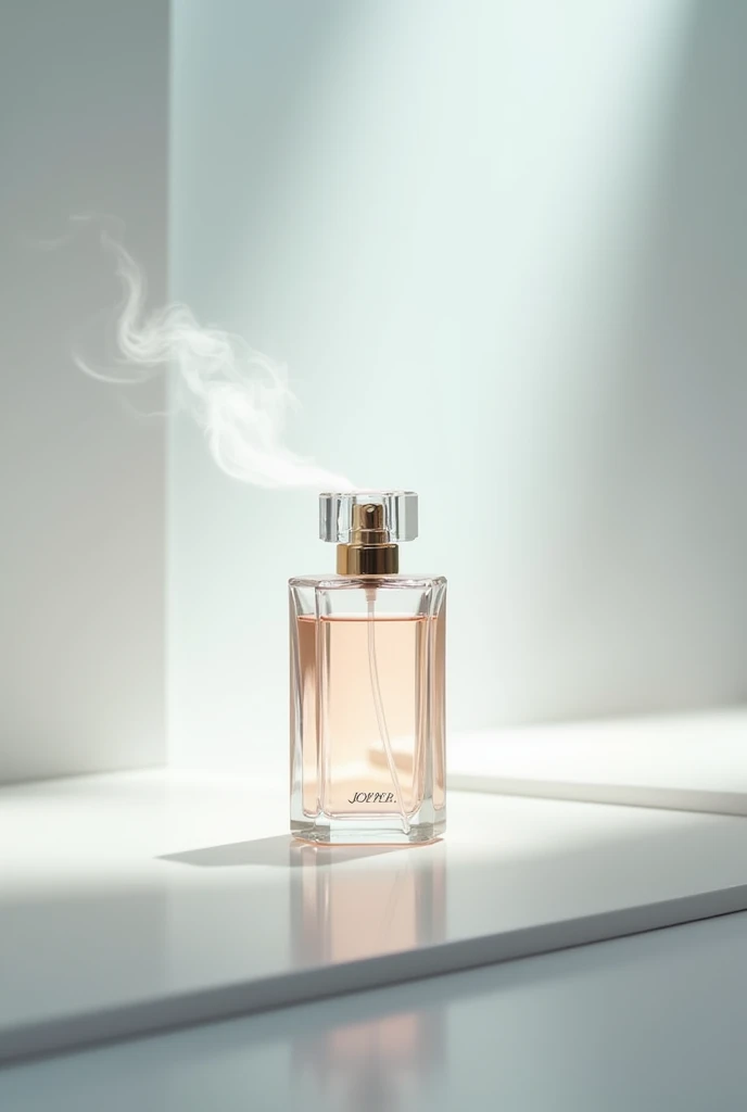 A high end perfume platform with one perfume bottle out of it comes a perfume spray with a light background