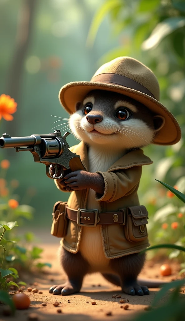 Adventurer atmosphere,Pixar style,baby otter,Explorer,Takes a vintage revolver and shoots you