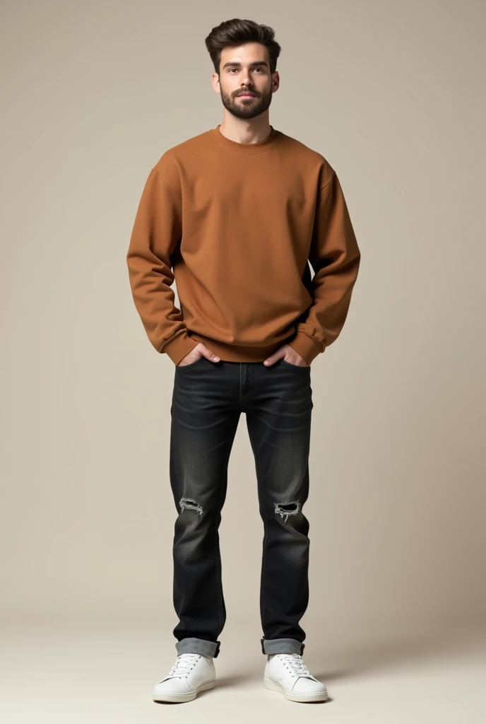 A man wear brown sweatshirt and black normal damage Jens and white shoes