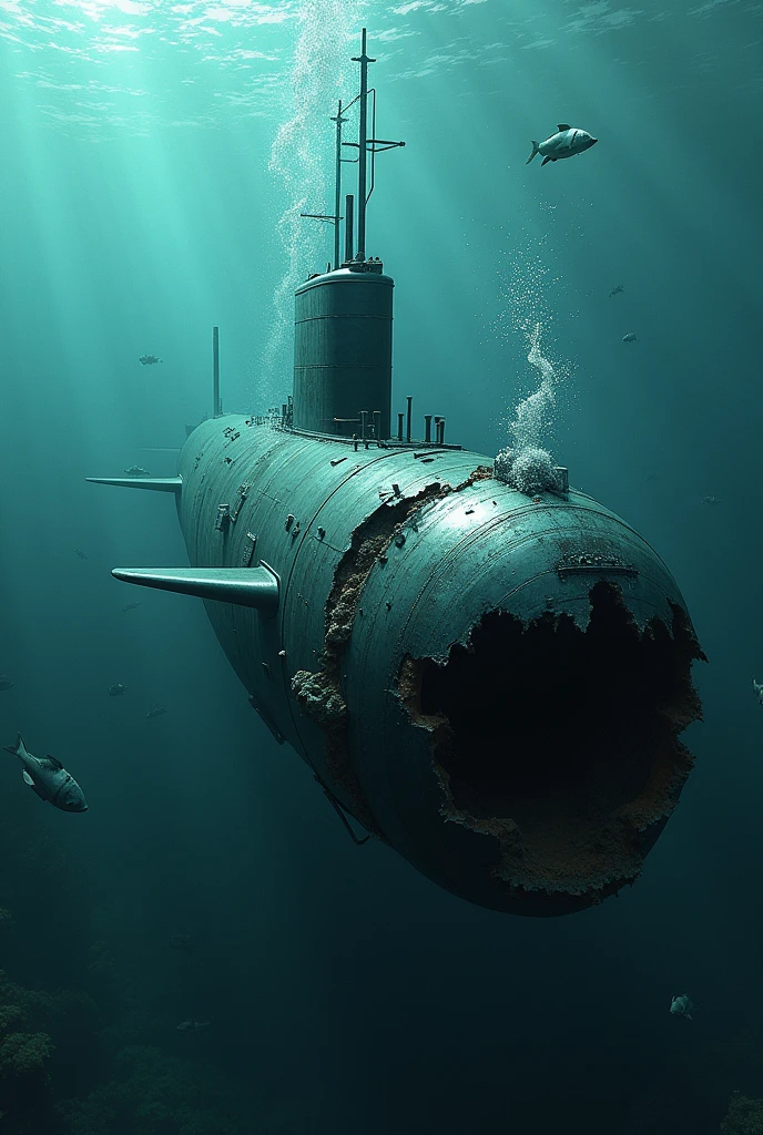 Submarine explodes, a hole in the middle of the hull, underwater images, realistic images, high resolution