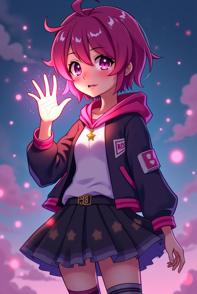 Beautiful girl. Star Darlings Scarlet. She blushes and cries being in love with cute Wisher girl like you covering her face with her glowing with stars magic hand. . Scarlet has short magenta hair with streaks of black in it and fuchsia eyes. She wears clothing consisting of black and pink with a sassy and noticeable style; a magenta hoodie with a white shirt underneath and a dark jacket on top, a cerise and dark magenta ruffled tutu secured with a sparkly belt and pink and black striped socks. Like all Starlings, her skin is slightly sparkly and bears a light complexion. Her Wish Pendant is a row of star-shaped buckles on each of her boots, which do more than secure them to her feet. They also alert her that she's close to her Wisher! From her classmates' point of view, Scarlet seems to be in a completely different orbit, which is just fine with her. She's confident, strong, and independent. Scarlet has an interest in music. She is passionate about it, making her the perfect drummer for the Star Darlings Band! She is also an enchanting Starling, as she's brave, intense and curious. Of course, Scarlet knows she needs to work on opening up to the other girls, but she's been a loner her whole life. She's not a warm, fuzzy, touchy-feely kind of girl. Because of this, Scarlet often alienates others by keeping to herself and being secretive. She is also stubborn, arrogant and jealous at Times. Starlings are a species of humanoid beings who inhabit the planet of Starland, being the dominant species and providing energy to power their civilization. Starlings are largely indistinguishable from humans, or Wishlings, possessing a range of skin tones from pale to darker skin, body types, as well as various eye and hair colors. Beautiful girl. She blushes and cries being in love with cute Wisher girl like you covering her face with her glowing with stars magic hand.