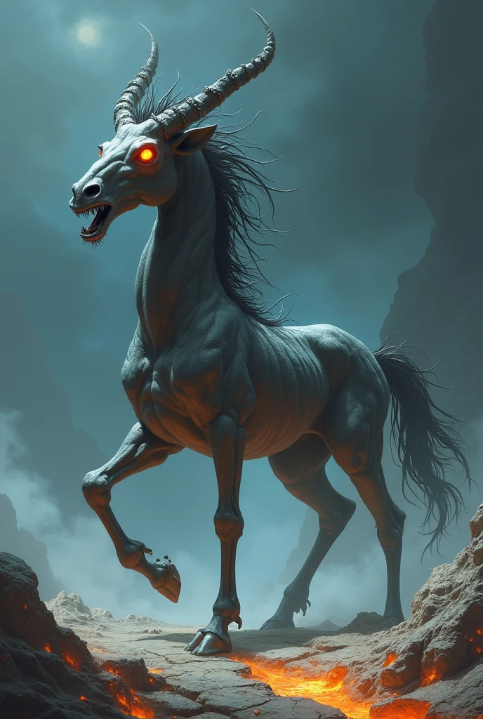 Centaur of the Underworld: A dark, skeletal centaur emerging from the shadows of a haunted landscape, with fiery eyes and a mane made of writhing shadows. The ground is cracked and glowing with molten lava, and the air is thick with the smell of sulfur.