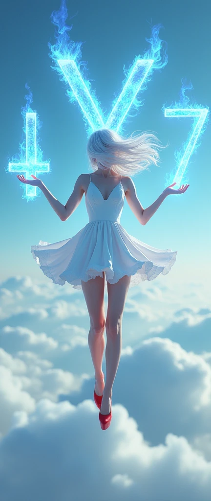 A woman with white hair, in a short white dress, red platform heel, holding the letter Y and the number 7 of blue fire in his hands, and flying in the sky.