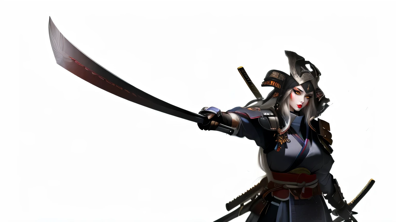 hand holding a sword pointing at viewers, wearfemale samurai, holding a katana, white hair, long hair, red eyes, black makeup, red lips, samurai, quality, masterpiece, ultra high res, (photorealistic:1.5), raw photo, 1girl
ng black gloves