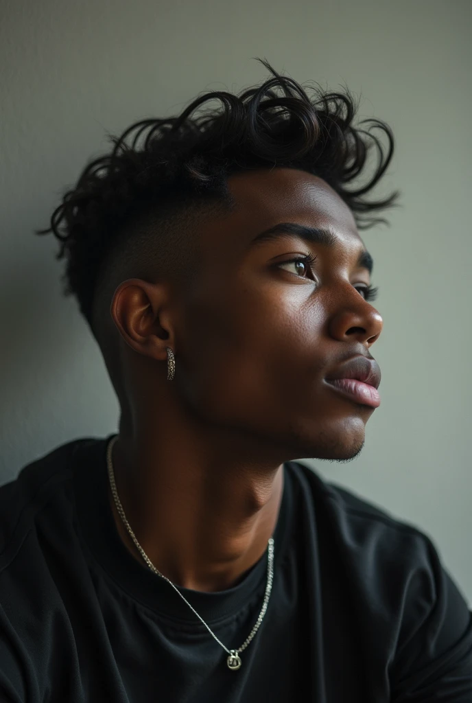 Une artiste musicien, beau et ???? de 23 ans , perdu dans ses pensées à chercher l'inspiration pour une nouvelle chanson , qui une coiffure tapers, dégradé