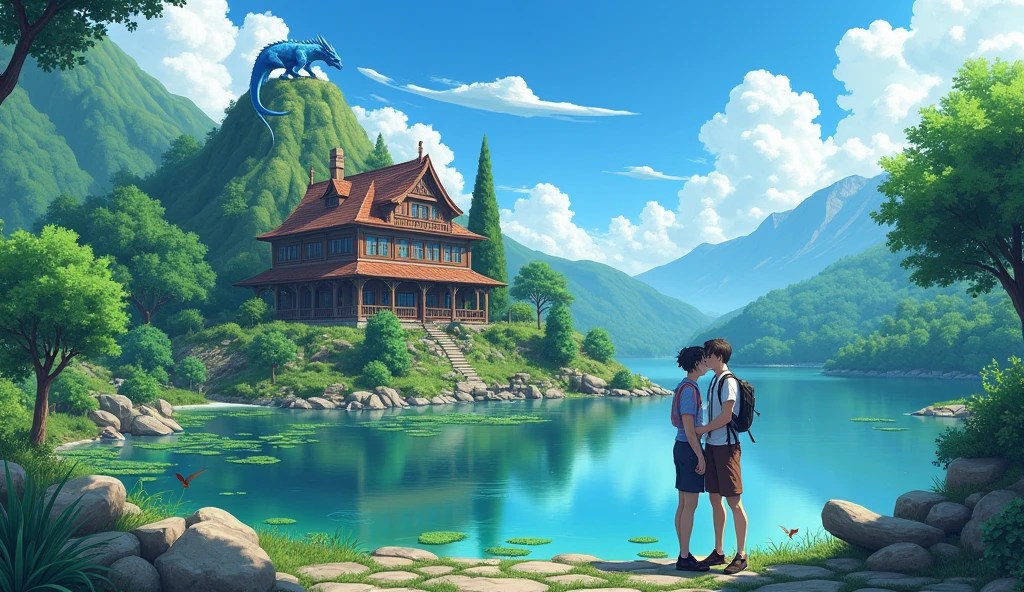 In a beautiful landscape in a forest there is a very large house and next to it on the left there is a small mountain where there is a dragon's nest. The dragon is a very beautiful blue dragon. This place is near a lake right in front of the right side of the house. There is a vegetable garden with some animals near the shore of the lake. The pulps are spread on the ground and are bathing in the lake. Two male teenagers are kissing. The image has to be in anime.