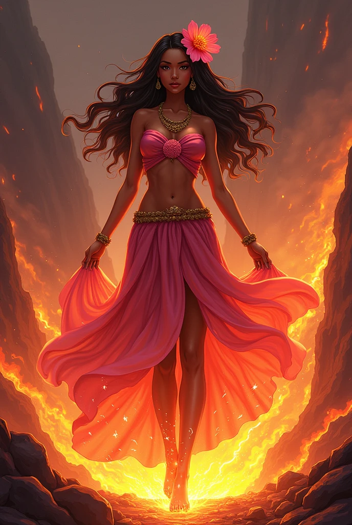 {Hawaiian goddess} {Hawaiian clothing} {Non-sexy clothes} {skin black} {lava powers} {more details of lava on his body} {brown eyes and long hair} {just a big pink flower in her hair } {anime version}{a fire-colored open skirt}