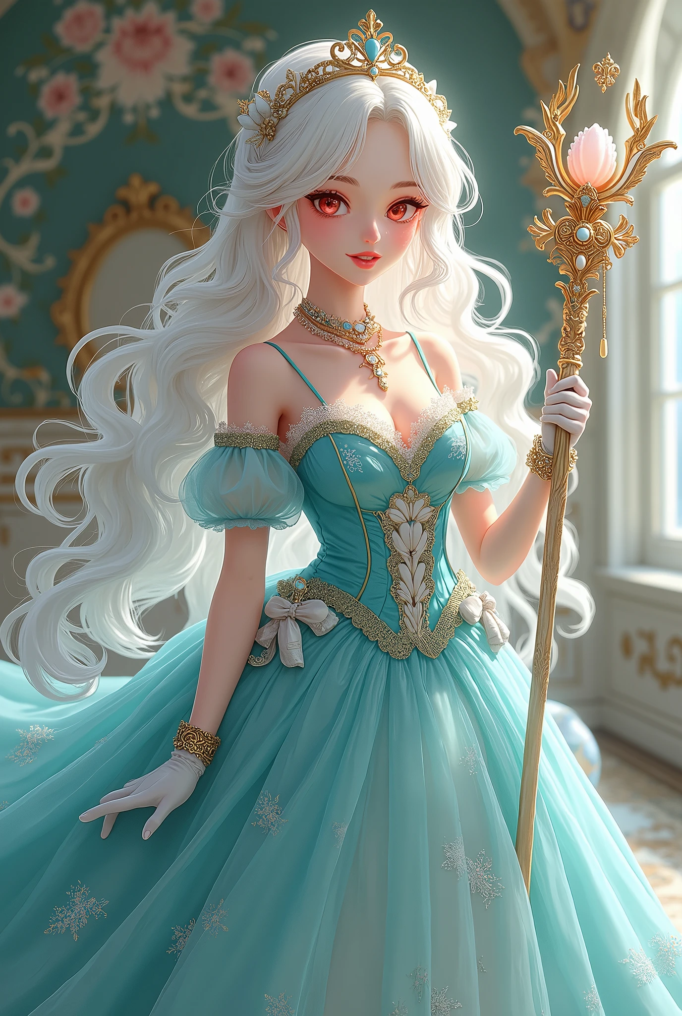 (best quality,4k,8k,highres,masterpiece:1.2), ultra-detailed, Pretty albino girl has a princess of the sea, drawn in 2D anime style, steampunk, wearing a iridescent turquoise princess gown with puffy sleeves, steampunk, gorgeous frilly dress design,flowing gown, elaborate lace details,rich textures,contrast stitching,delicate ribbon bows, seashells embroidery, full skirt with ocean wave pattern,short sleeves,fitted waistline,translucent flowing sleeves,lace-up back,luxurious fabrics,flawless silhouette, long curly white hair and red eyes, white fur, smiling, mouse ears and tail, ribboned high heels, white elbow evening gloves, gold bracelets, tiara made of seashells, beautifully detailed lips with lipstick, long eyelashes, eyeshadow, seashell necklace, in a castle bedroom with intricate decoration and luxurious furniture, flower wallpaper, she is holding a magic staff made of seashells and pearls.