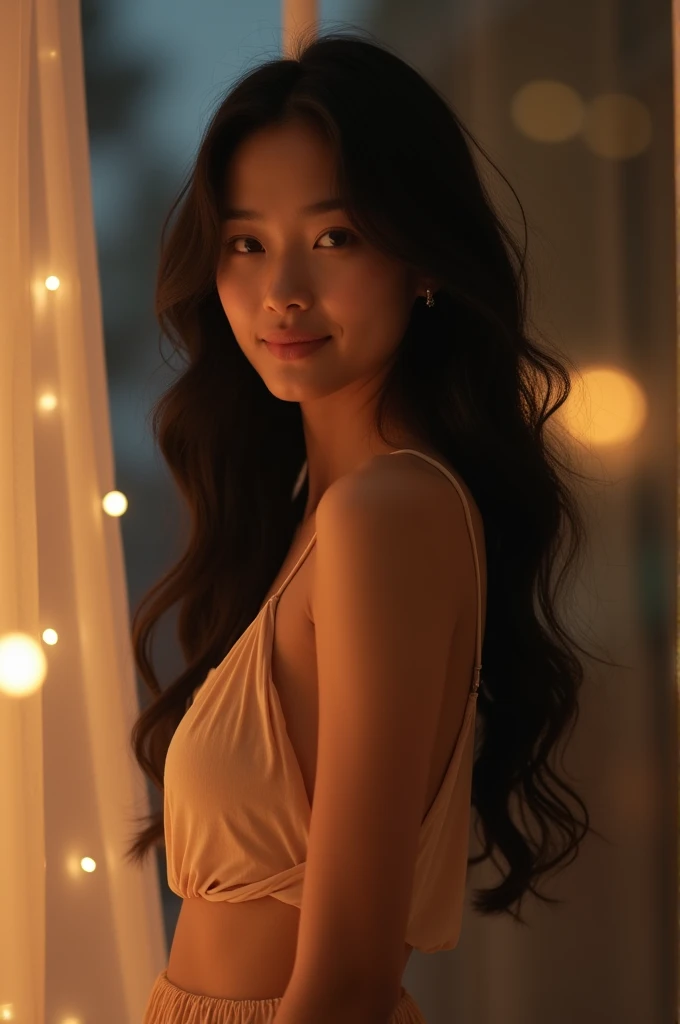 a young woman standing with a gentle smile on her face. She has long, wavy black hair that cascades over her shoulders. She is dressed in a warm-colored, elegant outfit, such as a draped top or dress, which complements her serene and graceful appearance. The background is softly lit, with a few blurred lights in the distance, creating a warm, intimate atmosphere, possibly at dusk or in a cozy, dimly lit room.”
16:9