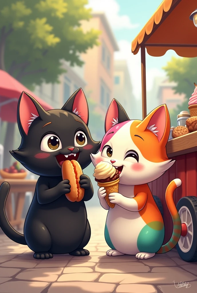 Image 3**: Both cats are standing by a street food cart, each holding a delicious-looking snack. The black cat is enjoying a hot dog, while the rainbow-colored cat is happily eating an ice cream cone, with a bit of ice cream on her nose, looking cute.