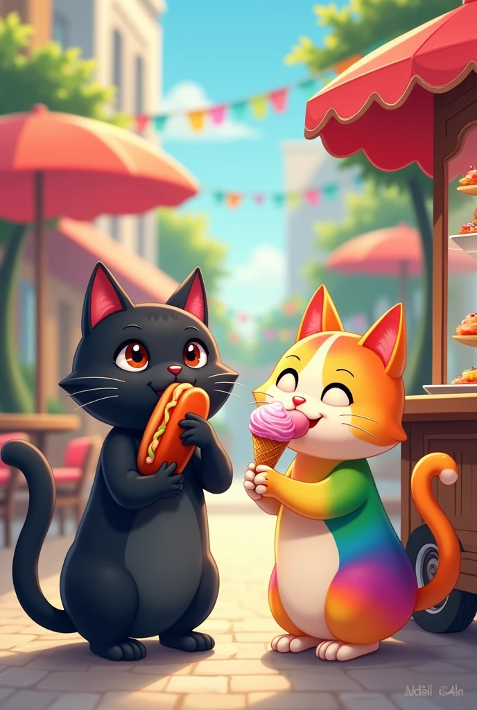Image 3**: Both cats are standing by a street food cart, each holding a delicious-looking snack. The black cat is enjoying a hot dog, while the rainbow-colored cat is happily eating an ice cream cone, with a bit of ice cream on her nose, looking cute.